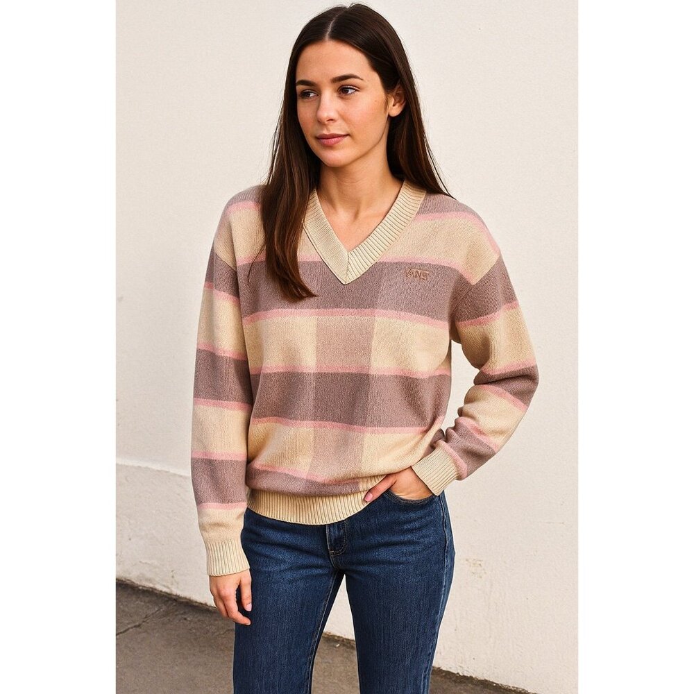 Vans V-Neck Sweater Women’s Large Pink Beige Plaid Check Knit 100% Cotton